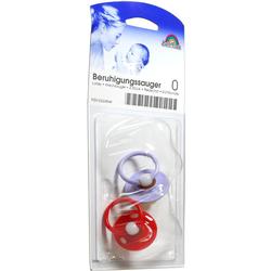 Zwei Beruhigungssauger, rot und lila, für Babys ab 0 Monaten, in einer Verpackung.