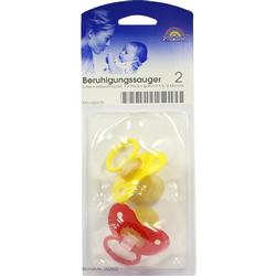 Verpackung mit zwei Schnullern in Gelb und Rot für Babys von 6 bis 18 Monaten.
