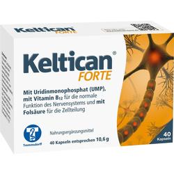 Packung von Keltican Forte mit Informationen zu Inhaltsstoffen und 40 Kapseln.