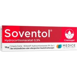 Rote Packung einer Creme namens Soventol gegen Hautentzündungen.